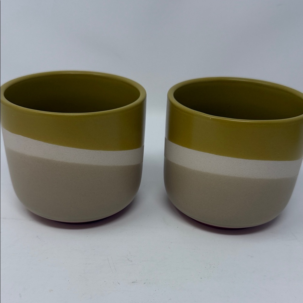 Olive and Beige Ceramic Planters/Bowls 4x4” Brand New Set of 2-Home Decor